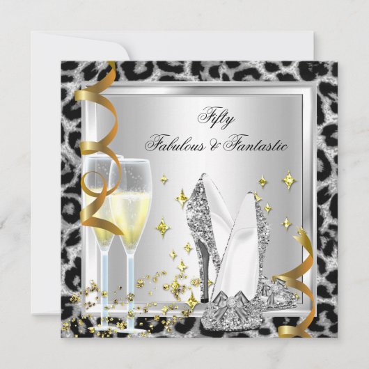 Fabulous 50 & Fantastic Silver Leopard Birthday Kaart (Voorkant)