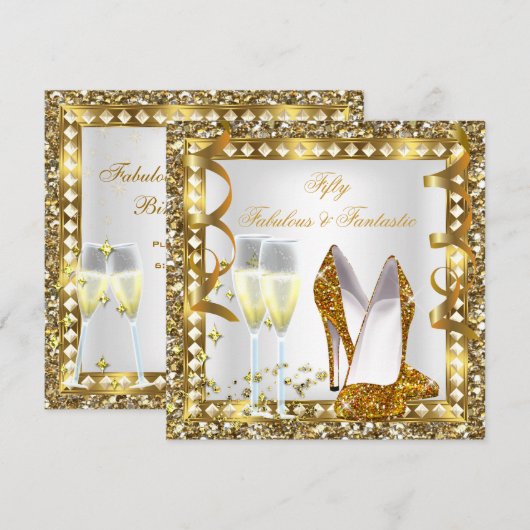 Fabulous 50 & Fantastic White Gold Glam Birthday Kaart (Voorkant / Achterkant)