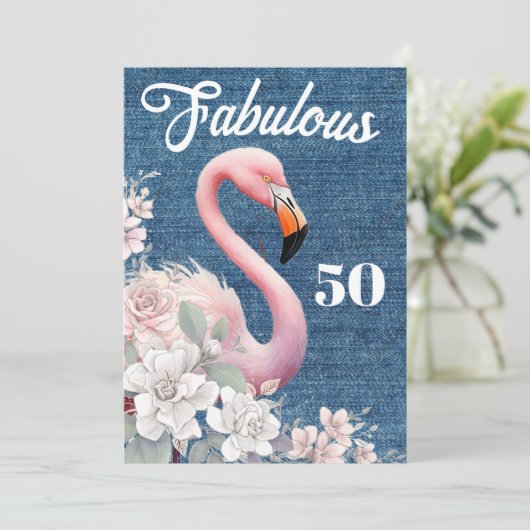 Fabulous 50 Flamingo Birthday Pink Floral Elegant  Kaart (Staand voorkant)