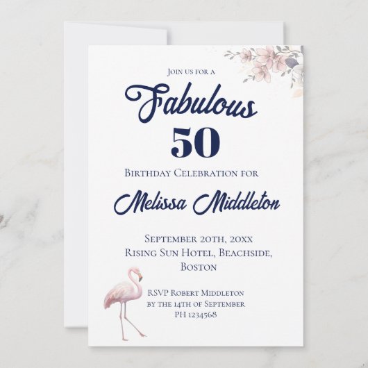 Fabulous 50 Flamingo Birthday Pink Floral Elegant  Kaart (Achterkant)