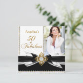 Fabulous 50 Foto Black White Gold Birthday Party Kaart (Staand voorkant)