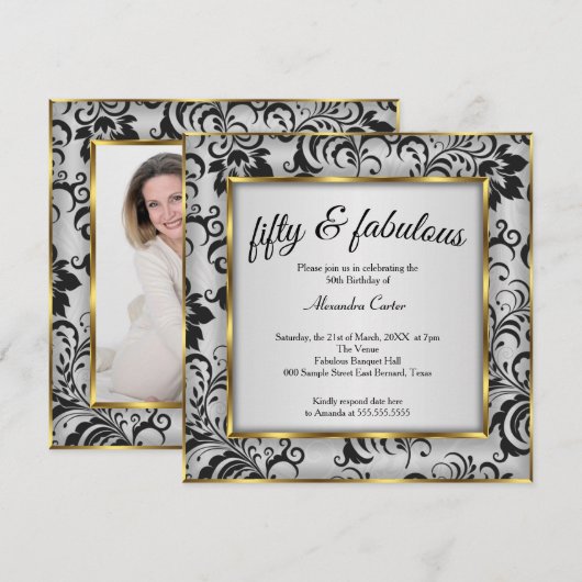 Fabulous 50 Foto Gold Grey Black Damask verjaardag Kaart (Voorkant / Achterkant)