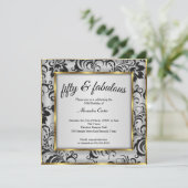 Fabulous 50 Foto Gold Grey Black Damask verjaardag Kaart (Staand voorkant)