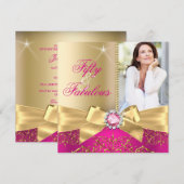 Fabulous 50 Foto Gold Pink Bow 50th Birthday Kaart (Voorkant / Achterkant)