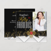 Fabulous 50 Foto Red Gold Elegant Modern Birthday Kaart (Voorkant / Achterkant)
