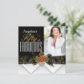 Fabulous 50 Foto Red Gold Elegant Modern Birthday Kaart (Staand voorkant)