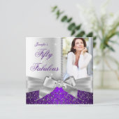 Fabulous 50 Foto Silver Paars Bow 50th Birthday Kaart (Staand voorkant)