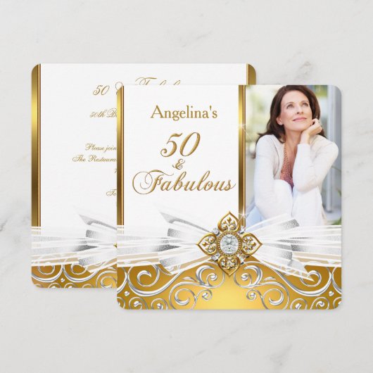 Fabulous 50 Foto White Gold Damask Birthday Party Kaart (Voorkant / Achterkant)