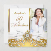 Fabulous 50 Foto White Gold Damask Birthday Party Kaart (Voorkant)