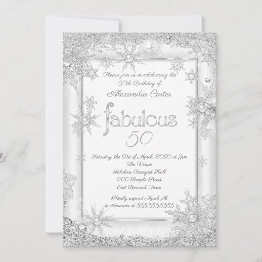 Fabulous 50 Foto White Silver Snowflake party Kaart (Voorkant)