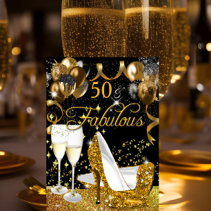 Fabulous 50 Glitter Gold Hiel Glitzy Glam Party Kaart