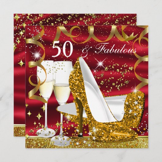 Fabulous 50 Glitter Gold Hiel Red Glitz Glam Party Kaart (Voorkant / Achterkant)