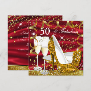 Fabulous 50 Glitter Gold Hiel Red Glitz Glam Party Kaart