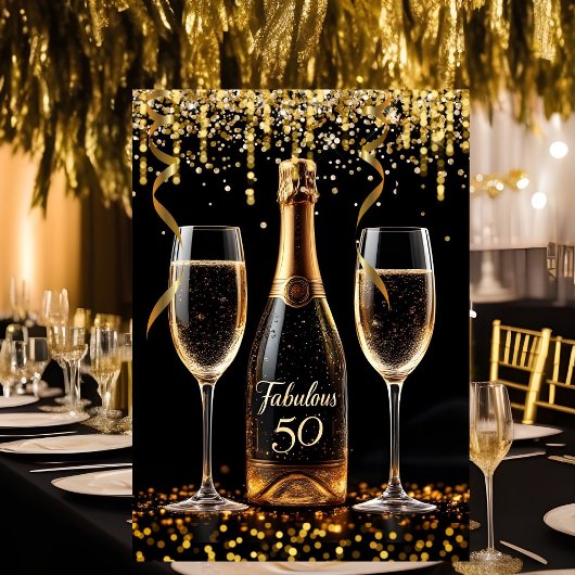 Fabulous 50 Glitter Goud Zwart Champagne Sparkle Kaart