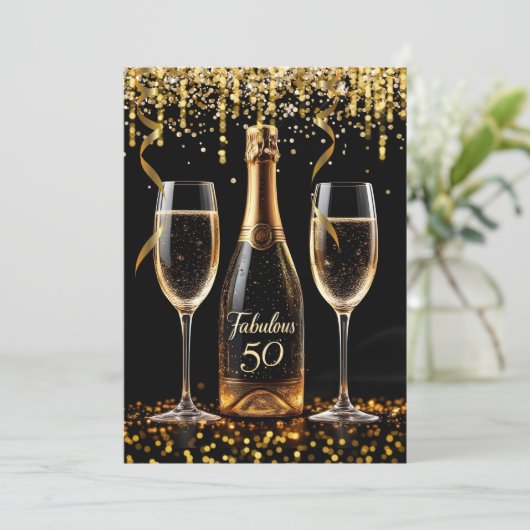Fabulous 50 Glitter Goud Zwart Champagne Sparkle Kaart (Staand voorkant)