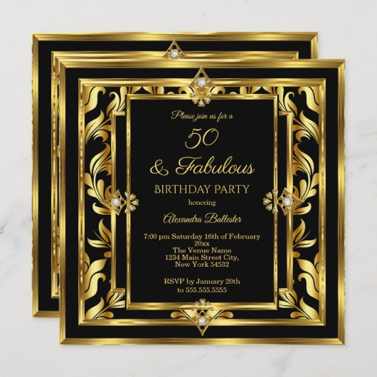 Fabulous 50 Gold Black Damask Birthday Party Kaart (Voorkant / Achterkant)