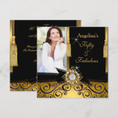 Fabulous 50 Gold Black Damask Foto Birthday Party Kaart (Voorkant / Achterkant)