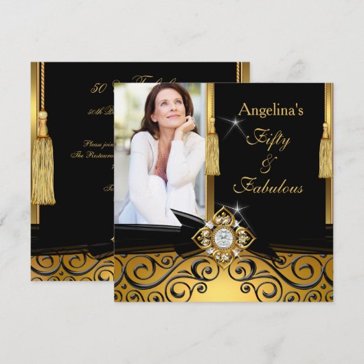 Fabulous 50 Gold Black Damask Foto Birthday Party Kaart (Voorkant / Achterkant)