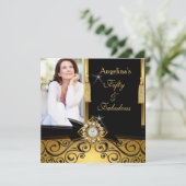 Fabulous 50 Gold Black Damask Foto Birthday Party Kaart (Staand voorkant)