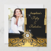 Fabulous 50 Gold Black Damask Foto Birthday Party Kaart (Voorkant)