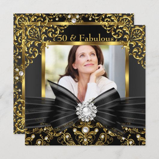 Fabulous 50 Gold Black Pearl Bow & Damask Birthday Kaart (Voorkant / Achterkant)