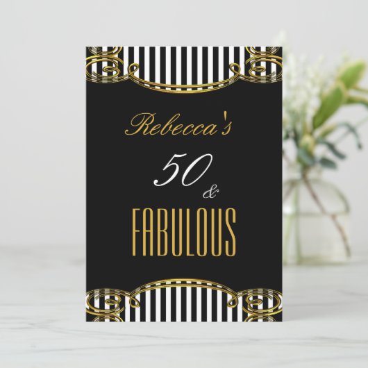 Fabulous 50 Gold Black White Stripe Birthday Party Kaart (Staand voorkant)