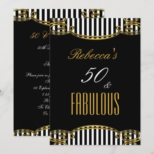 Fabulous 50 Gold Black White Stripe Birthday Party Kaart (Voorkant / Achterkant)