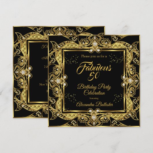 Fabulous 50 Gold Jewel Black Birthday Party Kaart (Voorkant / Achterkant)