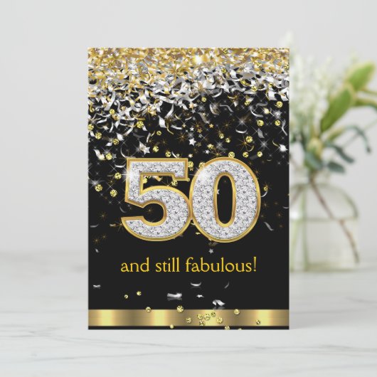 Fabulous 50 Gold Silver Streamers 50e verjaardag B Kaart (Staand voorkant)