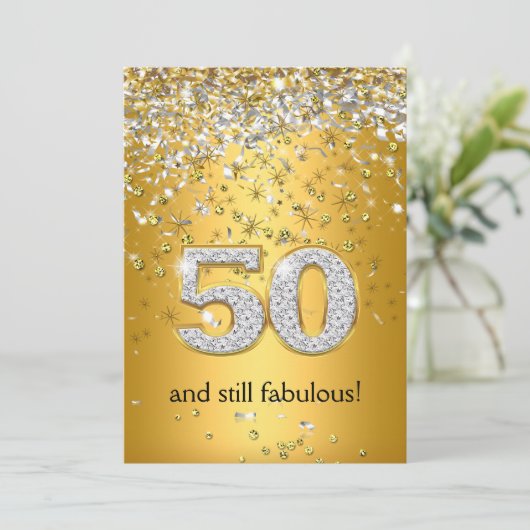 Fabulous 50 Gold Silver Streamers 50th Birthday Kaart (Staand voorkant)