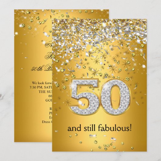 Fabulous 50 Gold Silver Streamers 50th Birthday Kaart (Voorkant / Achterkant)