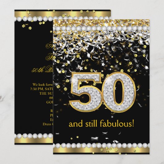 Fabulous 50 Gold Silver Streamers 50th Party Kaart (Voorkant / Achterkant)