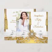 Fabulous 50 Gold White Damask Foto Birthday Party Kaart (Voorkant / Achterkant)