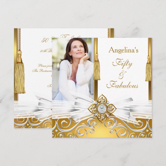 Fabulous 50 Gold White Damask Foto Birthday Party Kaart (Voorkant / Achterkant)