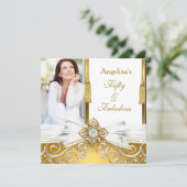 Fabulous 50 Gold White Damask Foto Birthday Party Kaart (Staand voorkant)