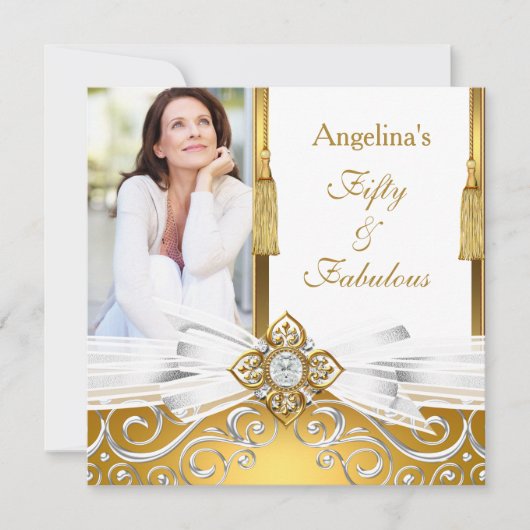 Fabulous 50 Gold White Damask Foto Birthday Party Kaart (Voorkant)