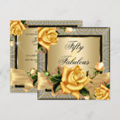 Fabulous 50 Gold Yellow Rose Black Birthday Kaart (Voorkant / Achterkant)