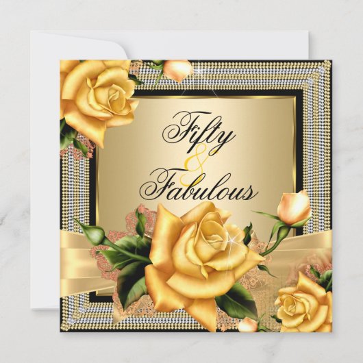 Fabulous 50 Gold Yellow Rose Black Birthday Kaart (Voorkant)