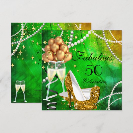 Fabulous 50 Green Gold Heels Champagne Birthday Kaart (Voorkant / Achterkant)