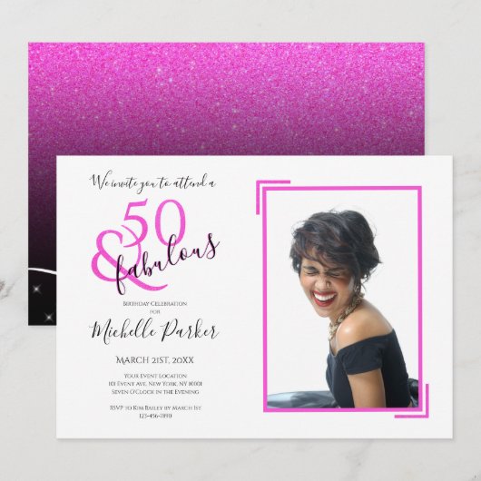 Fabulous 50 Hot Pink Glitter 50e verjaardag Kaart (Voorkant / Achterkant)