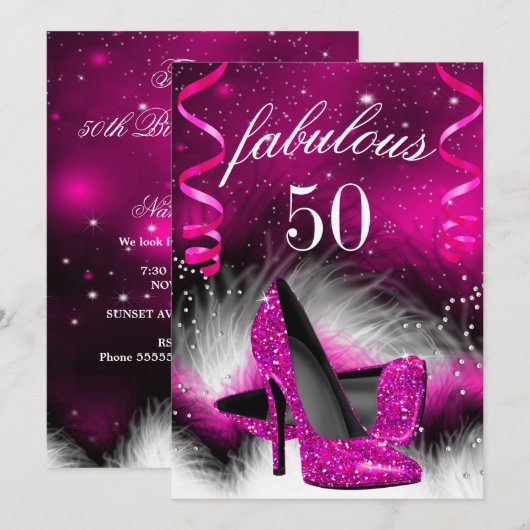 Fabulous 50 Hot-Pink High-Hiel-feest Kaart (Voorkant / Achterkant)