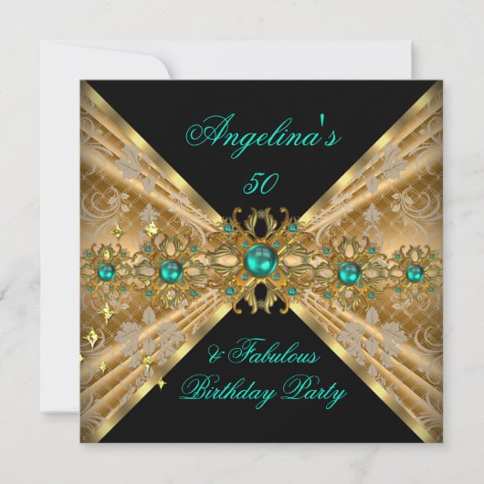 Fabulous 50 Jade Green Gold Damask Birthday Party Kaart (Voorkant)