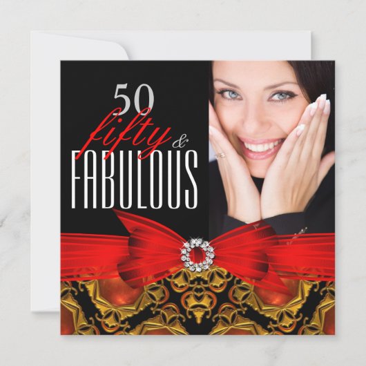 Fabulous 50 Jewel Red Black 50th Birthday Party Kaart (Voorkant)