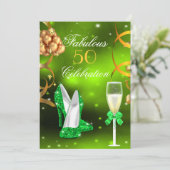 Fabulous 50 Lime Green Gold Heels Champagne Party Kaart (Staand voorkant)