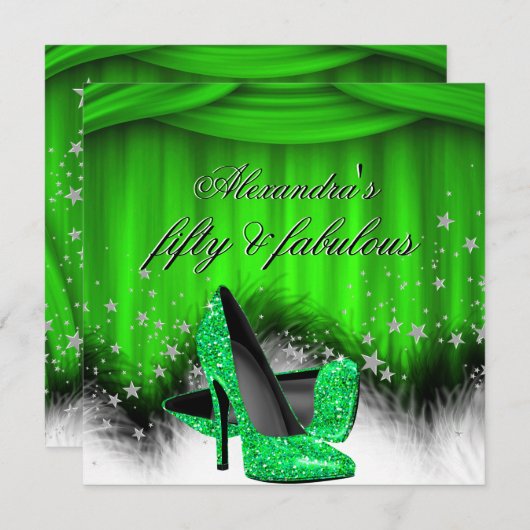 Fabulous 50 Lime Green High Heels Feather Birthday Kaart (Voorkant / Achterkant)