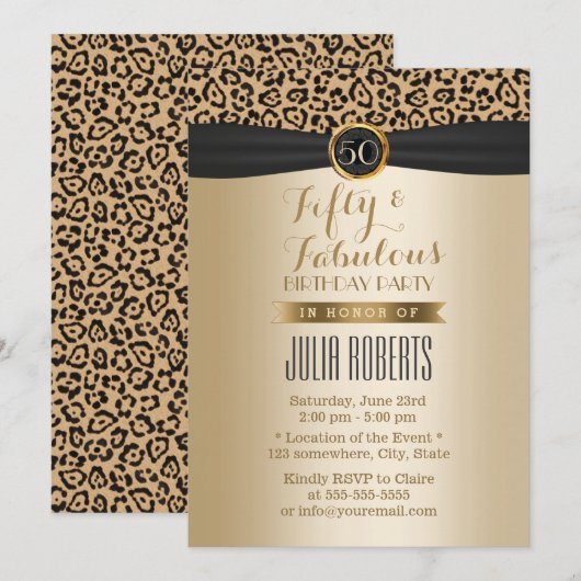 Fabulous 50 Luxury Leopard Moden Black & Gold Kaart (Voorkant / Achterkant)
