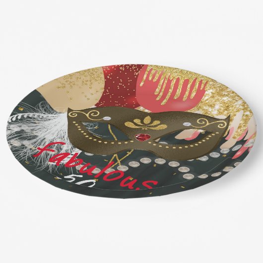 Fabulous 50 Masquerade Bronzen Masker & Parels Papieren Bordje (Gekanteld)
