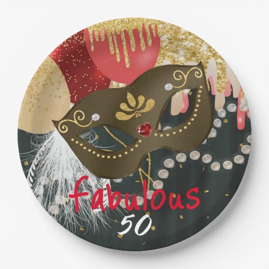 Fabulous 50 Masquerade Bronzen Masker & Parels Papieren Bordje (Voorkant)