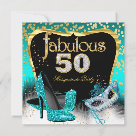 Fabulous 50 Masquerade Party Blauwgroen Gold Kaart (Voorkant)