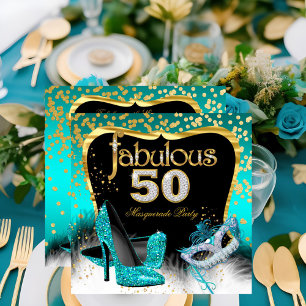 Fabulous 50 Masquerade Party Blauwgroen Gold Kaart